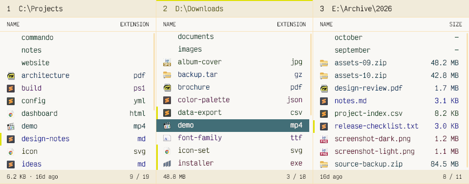 Commando showing three file panels with marked files and different metadata columns